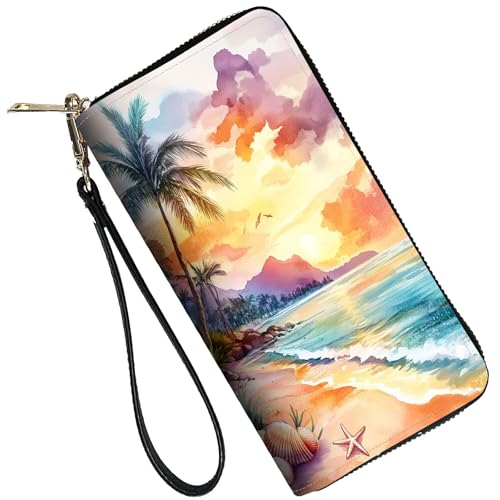 Image of RFID Blocking Leather Wallet for Women - Large Capacity Zip Around Clutch with 8 Card Slots,31 Cash Pockets & Coin Zipper,Sunset Beach