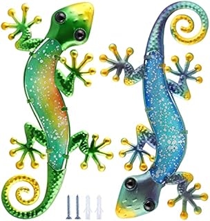 MDLUU Gecko Wall Art, 38cm Lizard Wall Sculpture, Metal Gecko Hanging Ornament for Garden, Fence, Patio, Set of 2 (Green&Blue)