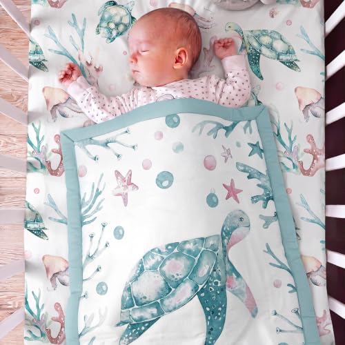 Image of Hahafelt 3 Pcs Teal Pink Aquatic Baby Crib Bedding Set for Baby Boy