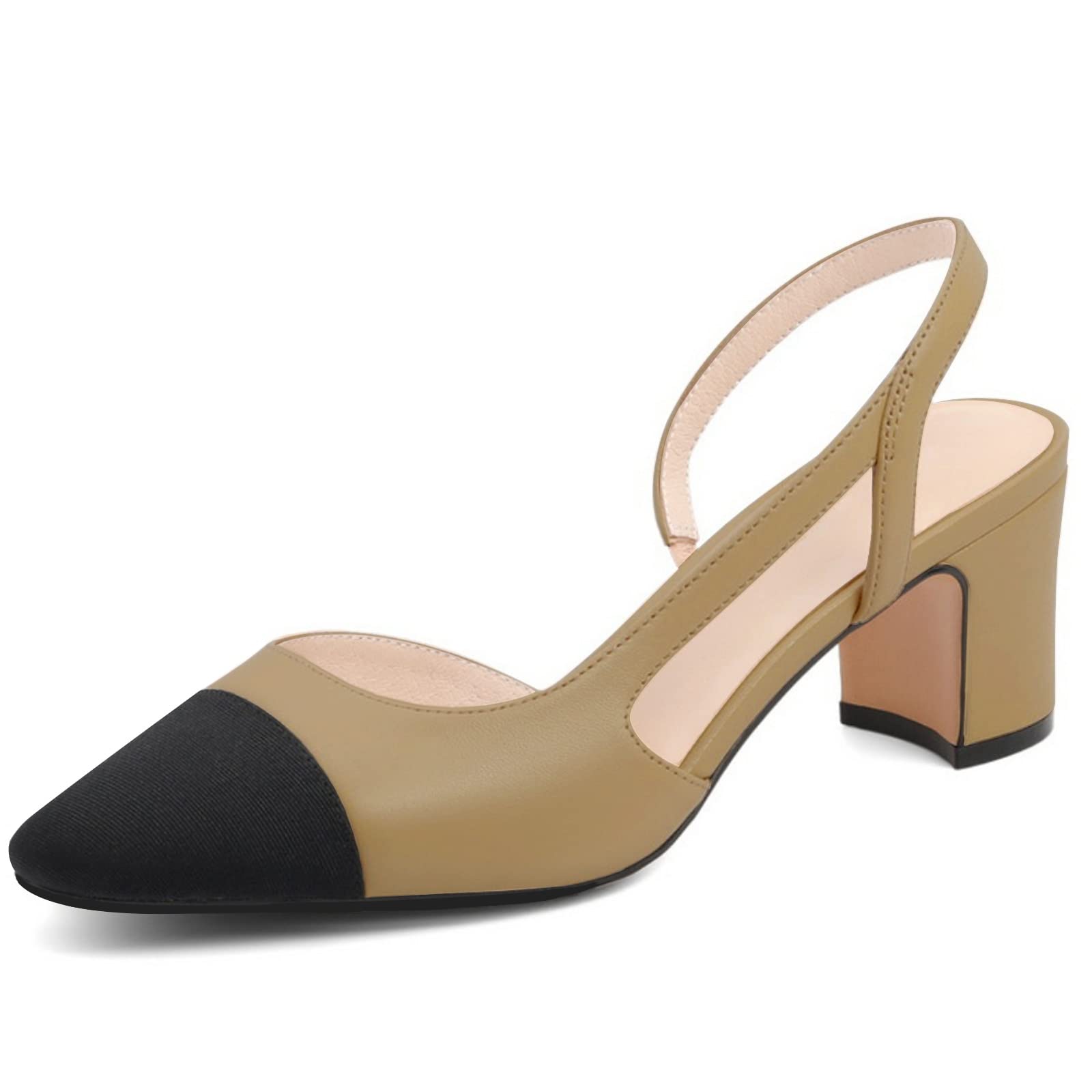 MICIFA Slingback Heels for women，Round Toe Chunky Heeled Pumps Ankle Strap Fashion Splicing Dress Shoes