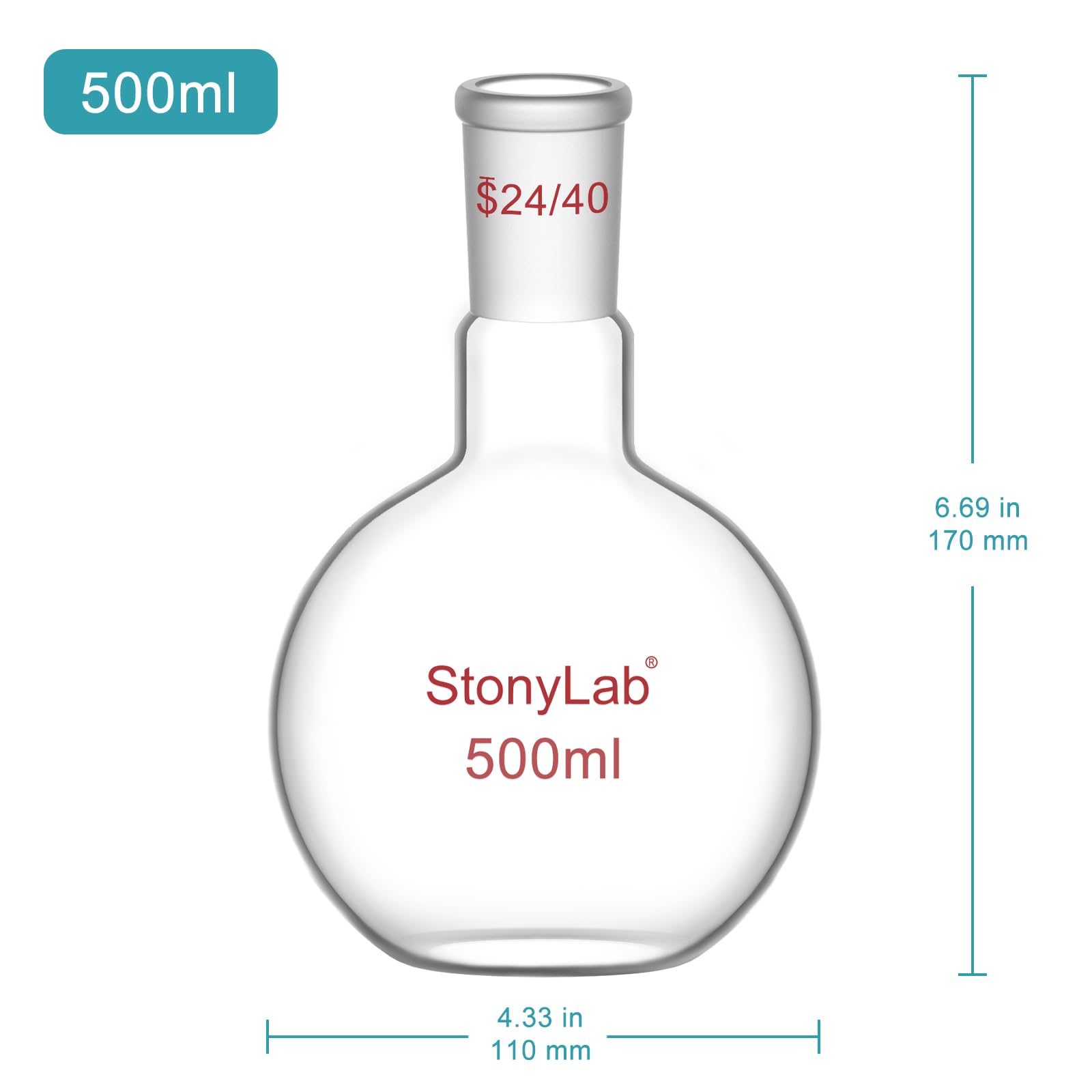stonylab Pallone di Ebollizione a Fondo Piatto con Collo Singolo Borosilicato in Vetro, con Giunto Esterno Conico Standard 24/40, Matracci da laboratorio Palloni per Ebollizione Boiling Flask, 500ml