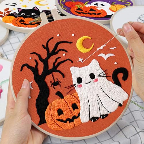 Image of Nuberlic Halloween Embroidery Kits - 3 Pack Easy Embroidery kit for Adults Beginners Starter Cross Stitch Kit DIY Needlepoint with Pre-Printed Fabric, Hoop, Thread, Needles & Step-by-Step Guide