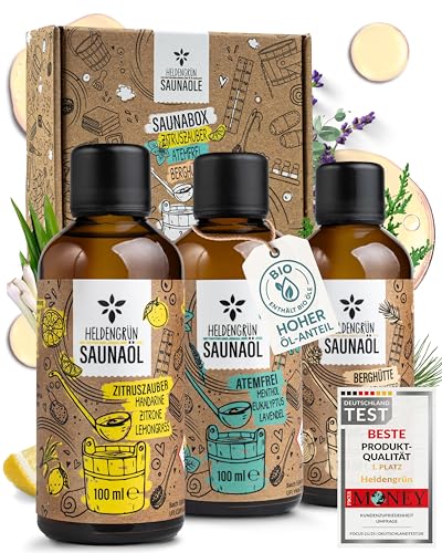 Heldengrün® BIO Saunaaufguss Set [100 % NATURREIN] 3er Duftmix mit ätherischen Bio-Ölen – Für jede Stimmung & 60 Anwendungen – Sauna Konzentrat: wohltuend & intensiv – Geschenk für Sauna-Liebhaber
