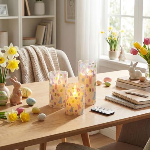 Image of Tujoe 3 Pcs Easter Flameless Candles LED Battery Pillar Candles Set Battery Operated Flickering Gifts with Remote Easter Decorations for Holiday