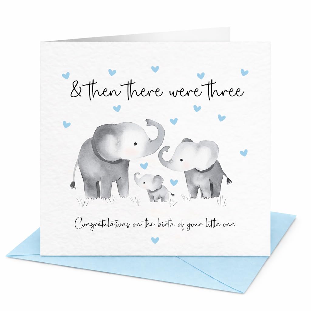 And Then There Were Three/Four Elephant Themed New Baby Card, Set of 9 (Blue 3)