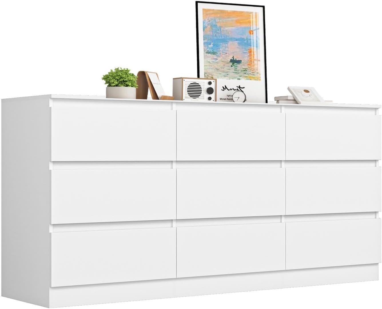 White 9 Drawer Dresser for Bedroom,Modern Deep Drawer Dresser with No-Handle Design,Wide Storage Chest of Drawers,Wood Bedroom Storage Organizer Furniture for Closet,Hallway