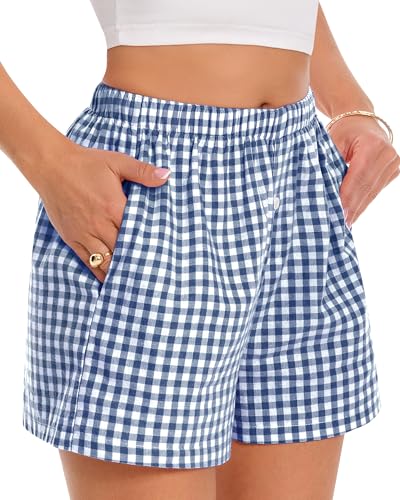 Image of Women Boxer Shorts Summer Gingham Pj Casual Plaid Bottoms with Pocket