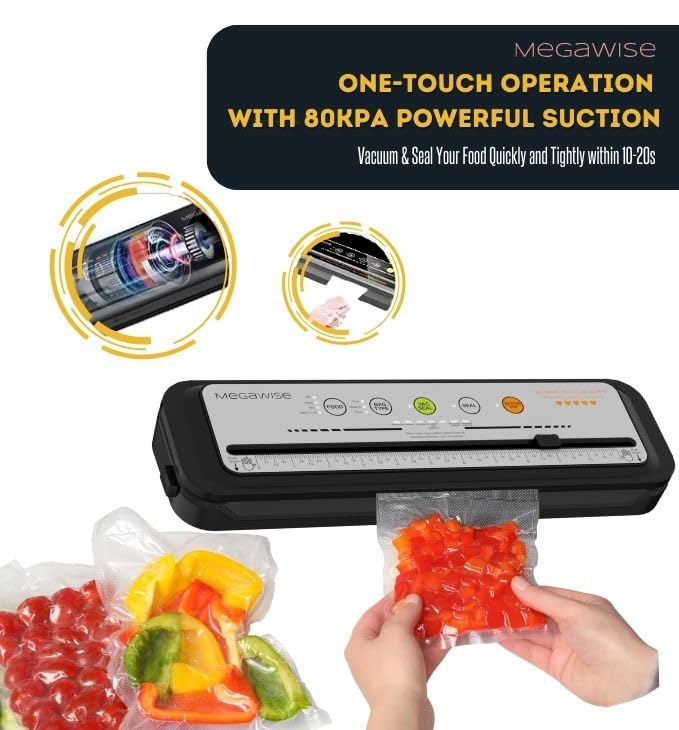 Image of MegaWise Vacuum Sealer Machine, 80kPa Powerful Suction, One-Touch Automatic Food Sealer with Built-in Cutter & Bags Included, Dry Moist Modes for All Saving needs