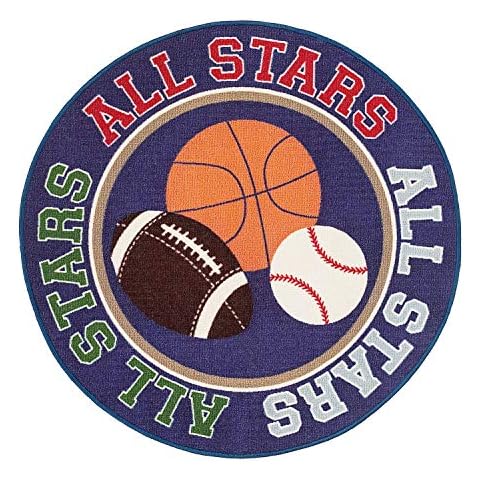 HUAHOO Kids Rug Round Fun Sport Rugs Lets Play Blue Childrens Rug Balls Print with Soccer Ball, Basketball, Football, Tennis Ball Bedroom Playroom Non Slip Bottom (39" Diameter Round) Cover