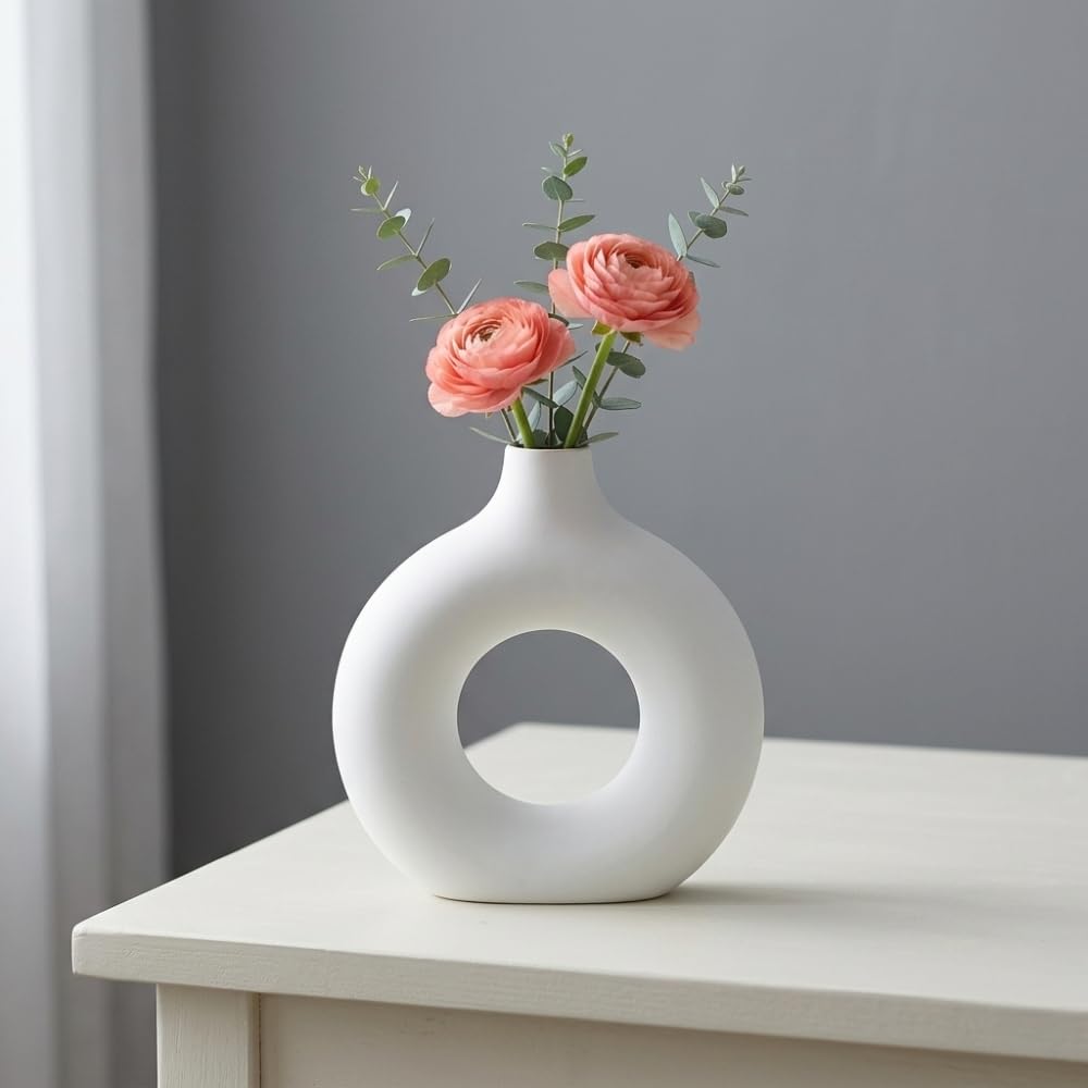Shop Stoppers® White Donut Shape Ceramic Vase for Home Decor | Unique Ring Shaped Flower Pot Table Decor | Modern Minimalist Living Room, Bedroom, Outdoor, Office Vase (8 INCH)-image-12