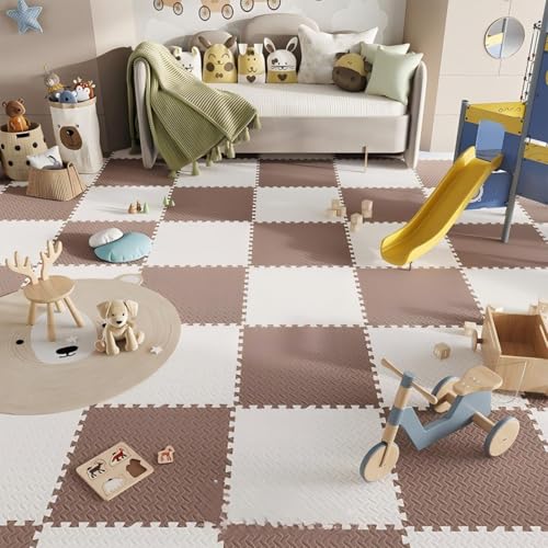 skjvxt Interlocking Foam Mats EVA Foam Kids Rug 1cm Floor Protection colorful Puzzle Exercise Floor Mat soft breathable 30x30cm 12 Piece Set (White+Brown)
