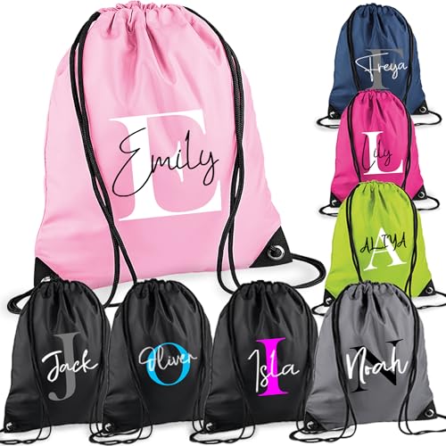 Printing Planet Personalised Drawstring Bag with Name & Initial | Kids PE Kit Gym Swim Bag | Custom School Sports Bag for Boys & Girls | Waterproof Fabric Lightweight Gymsac | 11L