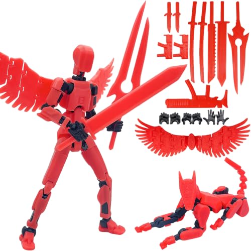 masijssa T13 3D Action Figures Set Titan 13 Action Figure Dummy 3D Printed Robo Multi-Jointed Movable Toy with Full Articulation for Collectors Desktop (Assembly Completed Red Black Figure + Dog)