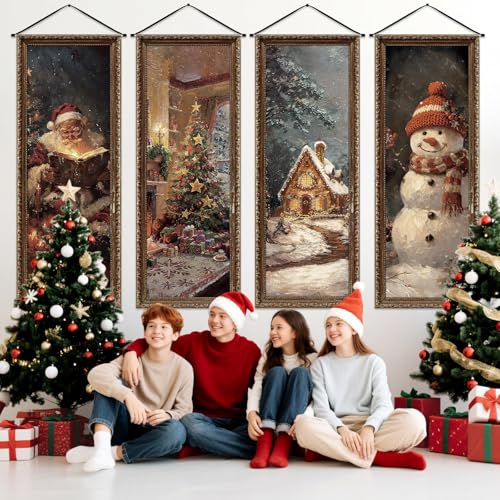 Image of Panelee 4 Pcs Vintage Christmas Porch Banners Retro Snowman Santa Winter Rustic Xmas Tree Stretching Portraits Wall Decorations Christmas Porch Sign Backdrop for Xmas Indoor Outdoor Wall Hanging Decor
