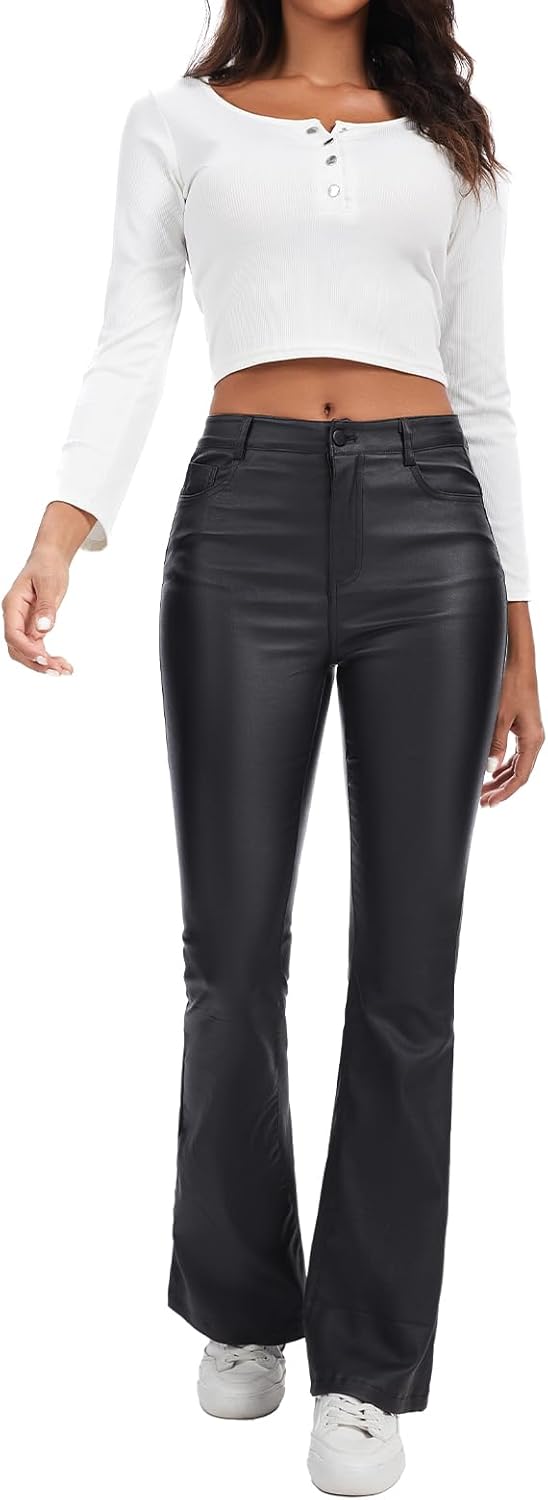 hibshaby Women Faux Leather Leggings Coated Flare High Waist Sexy Bell Bottom Pants Black - Image 4
