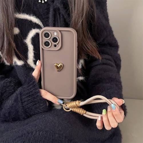 Coque silicone iPhone 14 Pro marron café avec cordon cœur