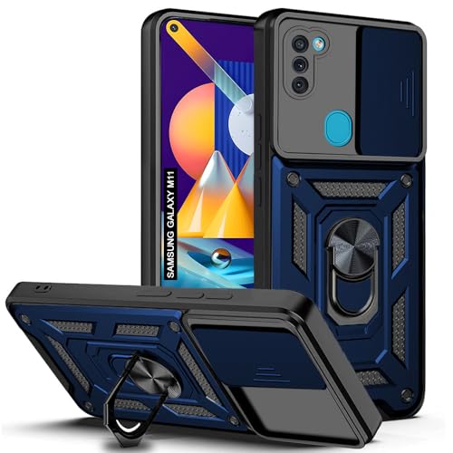 Image of AESTMO Tough Armor Samsung Galaxy M11 Bumper Back Case Cover | Ring Holder & Sliding Camera Shield Cover | 360 Degree Protection Back Case Cover for Samsung Galaxy M11 (Blue)