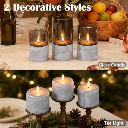 Image of LEDHOLYT Rechargeable Marble Flameless Candles, Gray Glass LED Pillar Candle with Remote & Timer,Decorative Candles for Living Room, Bedroom, Holiday Decor & Gifts for Women,Set of 3