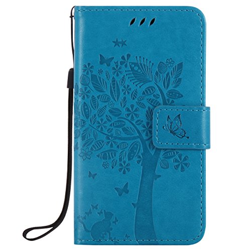 ISAKEN Compatibile con Microsoft Nokia Lumia 550 Custodia, Libro Flip Cover Portafoglio Wallet Case Albero Design in Pelle PU Protezione Caso con Supporto di Stand/Carte Slot/Chiusura - Blu