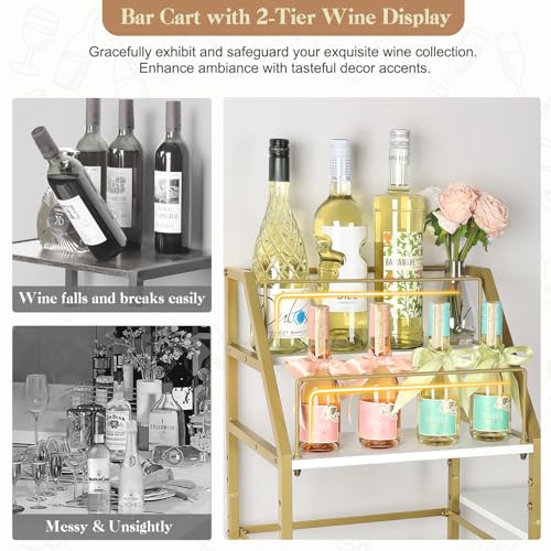 Image of VINAEMO Gold Bar Cart With Wine Glass Holder, Stand for Home, Small Mini Bar for Whiskey Wine, Liquor Cart, Alcohol Cabinet for Kitchen, Dining Room