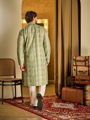 Image of SOJANYA Men's Cotton Silk Printed Green Kurta | Designer Long Ethnic Outfit for Navratri, Garba Nights & Puja