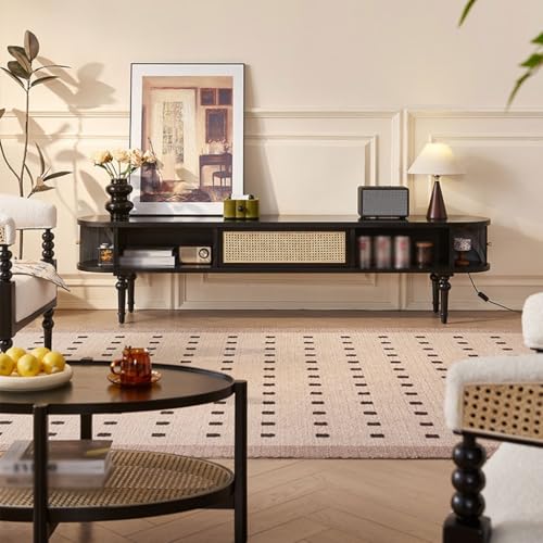 Creative High-Legged TV Cabinet Stand with Sliding Doors - Solid Wood Rattan Storage for Living Room - Stylish Entertainment Center & Television Unit - Image 9