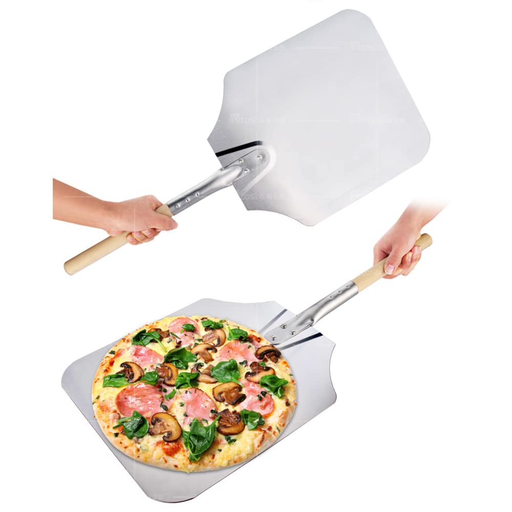 Pizzaschaufel, Langer Holzgriff 9 "/12"/14 "/16" Pizza -Schaufel, Aluminiumpizza -Paddel, für die hausgemachte Pizza backen,16in/S