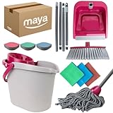 MAYA Set de Limpieza Completo Atomic. Limpieza Eficiente en Tu Hogar. Escoba Multiusos, Fregona, Recogedor Plegable, Cubo de 14L. Incluye Estropajos EVO Vajillas y Baños + 3 Bayetas Pack Hogar