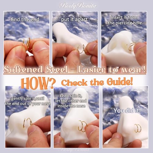 BodyBonita 2-8Pcs Softened 316L Stainless Steel Double Hoop Nose Ring for Single Piercing 22G 20G 18G Bendable Twist Spiral Nose Rings Hoops for Women 8mm 10 mm2