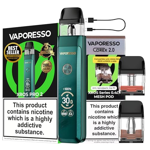 Vaporesso Xros Pro 2 Vape Kit [Gem Green + Xros 0.4 Pods] - 10 colours - 2A Fast Charge (30 mins) 2000mAh Battery 30W 0.96 TFT - Compatible with all Vaporesso Xros Pod - No Nicotine