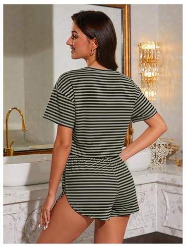 Image of OYOANGLE Womens Pajama Sets 2 Piece Sexy Lounge Sets Summer Cute Pjs Striped Print Tee and Side Split Shorts Set