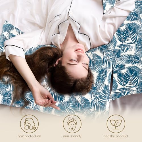 ZIMASILK 100% Pure Mulberry Silk Pillowcase for Hair and Skin Health,Both Sides 19 Momme Silk Floral Print,1pc(Queen 20''x30'',Blue Leaves)