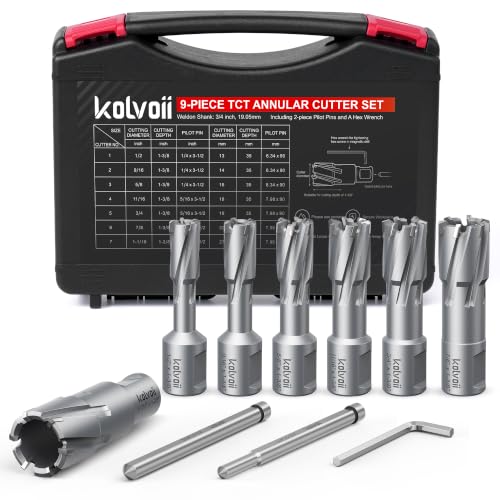 Kolvoii 9pc TCT Annular Cutter Set, Diameter 1/2" to 1-1/16", 1-3/8" Depth
