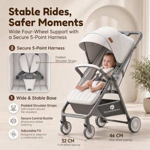 Image of StarAndDaisy Stroller for Baby, Foldable Baby Stroller with Reversible Seat, 3 Recline Positions, 5-Point Safety Harness, Adjustable Footrest, Large Canopy & Storage Basket