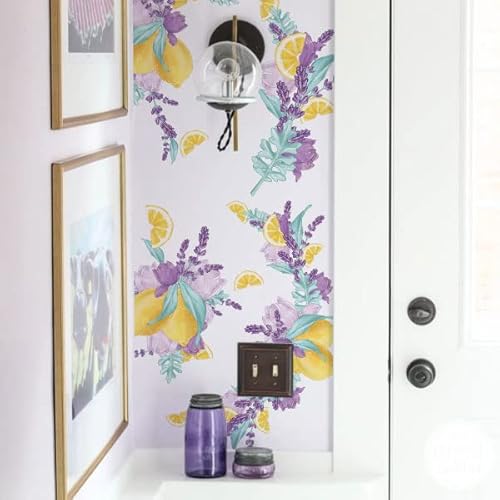 Mitoykus Large Lemon Wall Decal, Removable Fruit Lavender Floral Wall Sticker, Watercolor Pastel Lemonade Wall Art Murals For Kitchen Laundry Living Room Arch Girls Bedroom Refrigerator Decor,Yellow Purple #TOP1