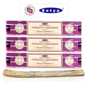 Satya French Lavender Incense Sticks, Satya sai Baba Insenses 15gmx3 (45 gm) Pack with Raajsee Incense Holder Bundle, Satya Nag Champa Natural Incense