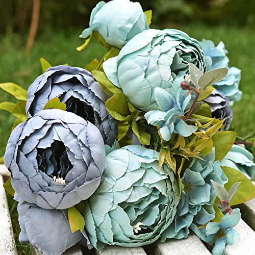 Image of FiveSeasonStuff Vintage Artificial Peonies Silk Peony Flowers and Hydrangeas for Wedding Bridal Home Decor - Beautiful Floral Centerpiece Arrangement Decoration with 2 Bouquets (Mixed Blue)