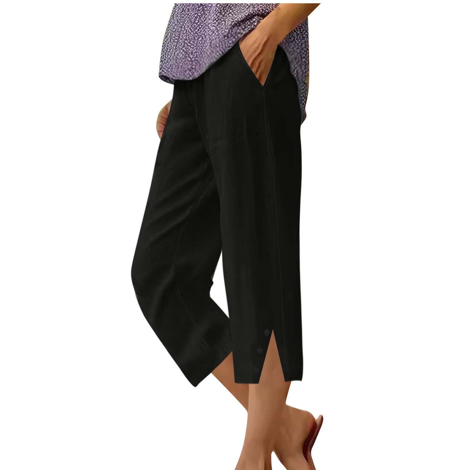 Black Capri Pants for Women Plus Size Dressy Capri Pants Casual Summer Drawstring Elastic High Waist Linen Straight