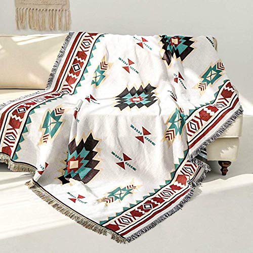 Aivia Southwest Throw Blanket For Couch Bed, Cotton Woven Southwestern Navajo Throws Tapestry Cover For Living Room Chair Sofa Decorative W/Boho Fringe - Off White Green Burgundy Red, 50" X 60" #TOP4
