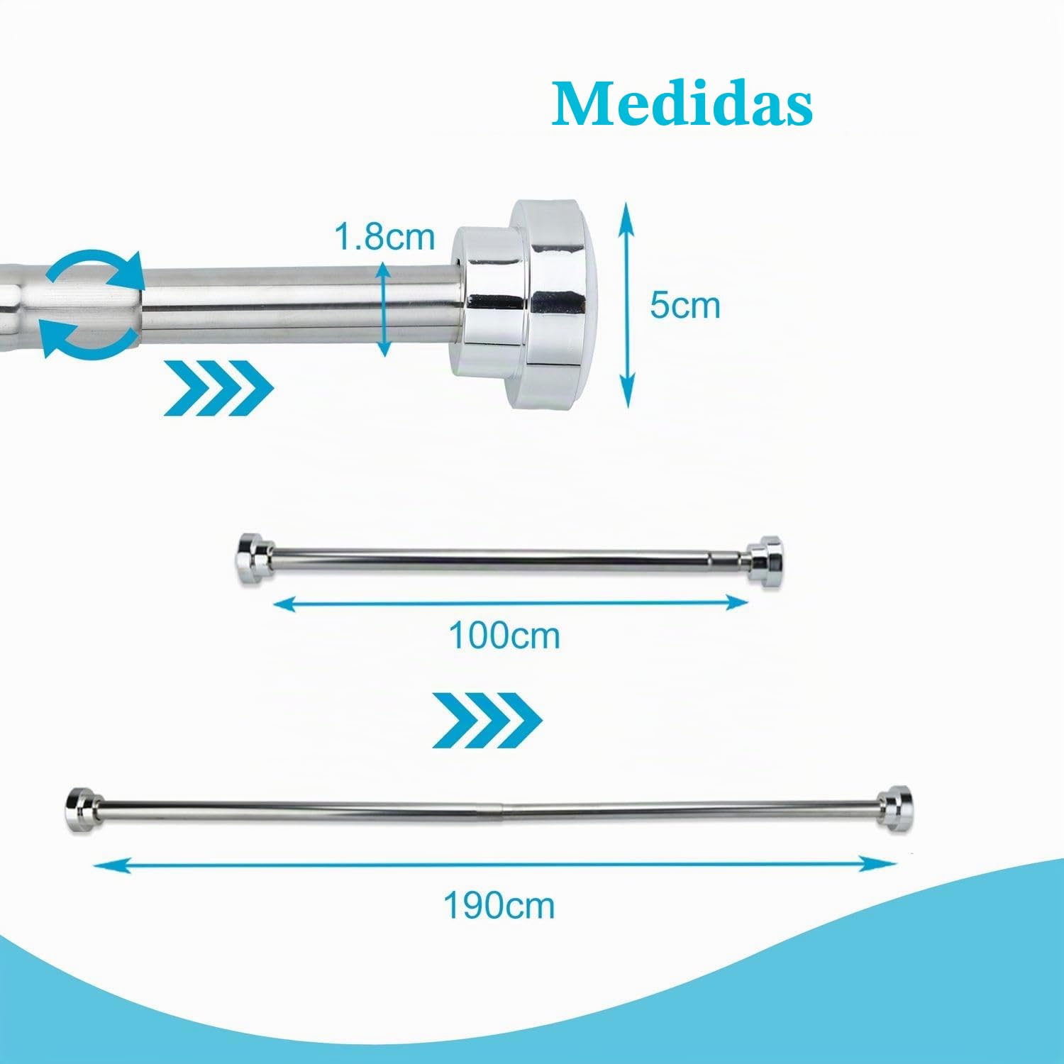 Barra telescópica Intirilife en PLATA 100-190 cm- Barra extensible, acero inoxidable, regulable, antideslizante, versátil sin taladrar ni atornillar- barra de cortina de ducha Barra de cortina
