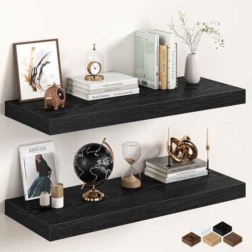 Image of 36Inch Black Floating Shelves for Wall, 12 Inch Deep Shelves for Bedroom, Kitchen, Bathroom Wall Mounted, Rustic Wood Floating Shelf with Invisible Brackets for Books, Storage, Decor, 2 Packs