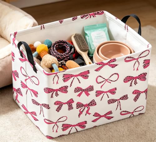 Image of Rectangle Storage Bin,Gift Basket,Room Decor(Pink leopard print bow)