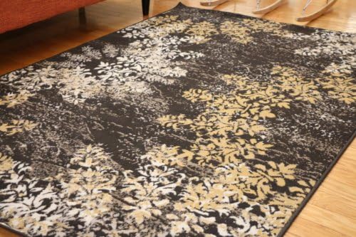 Generations Contemporary Floral Gold Beige White Black Modern Squares Area Rug Rugs 7'10 x 10'5