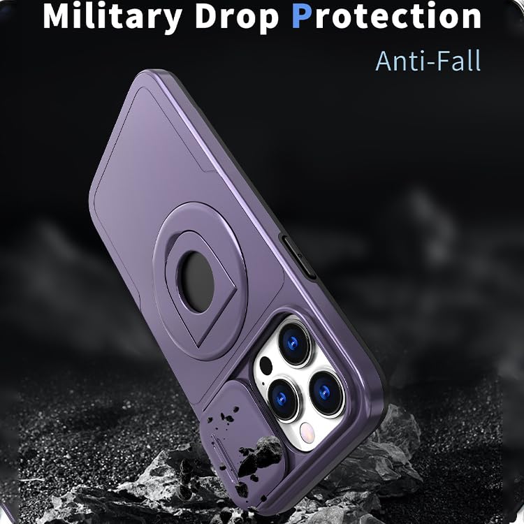 Image of LuxuryKase MagSafe Shockproof Rugged Back Case for iPhone 15 Pro Max | Finger Ring Kickstand & Sliding Camera Cover | Military Drop Protection | Wireless Charging Support - Purple