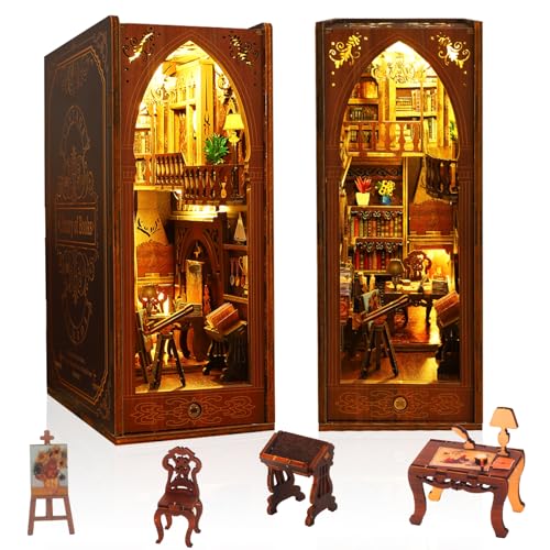 Book Nook Kit - DIY Miniature Model Wooden Dollhouse Booknook with LED Light for Adults Teen, Building Mini Puzzle Toy Bookends Shelf Decor Crafts for Boy Girls Gifts - Library of Books