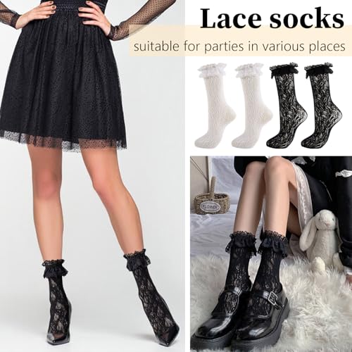 Image of Women Lace Ruffle Socks White Black Frilly Lolita Crew Dress Socks