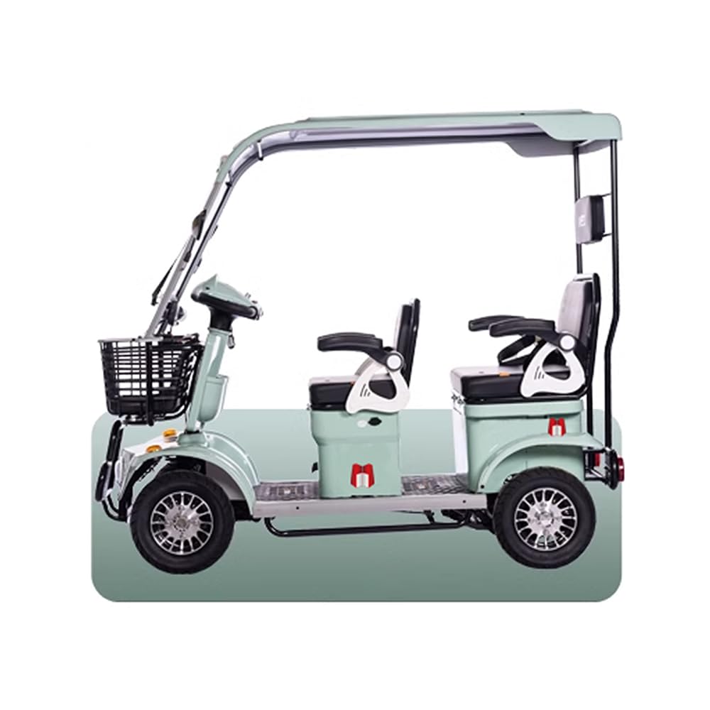 MT E6 with Canopy, Electric Four-Wheeler for Family Travel, Fully Enclosed Scooter, Front Storage Basket, Shopping Assistant, 4-Person Tricycle (Green VRLA60V32AH)
