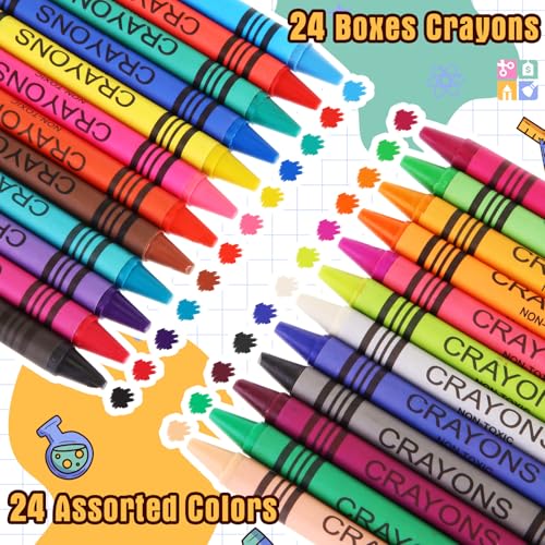 Image of Geyoga 24 Set /576 Pcs 24 Colors Plastic Crayon Boxes with Crayon Bulk | 4.5 x 3.3 x 1.2 Inches Crayon Organizer Case, Stackable Crayon Storage with Name Tags, Back to School Essentials Party Favors