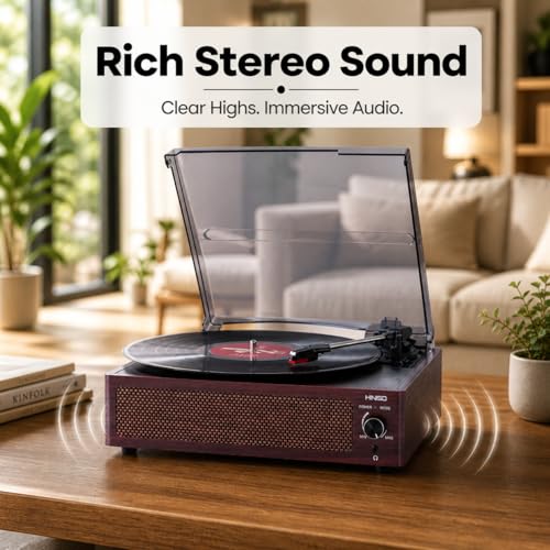 Image of HINISO Bluetooth Vinyl Record Player T516 with Bluetooth Input & Output | 3-Speed Turntable (33 /45 /78 RPM) | Built-in Speakers | RCA, AUX, Headphone Jack | Vintage Wooden Finish with Dust Cover