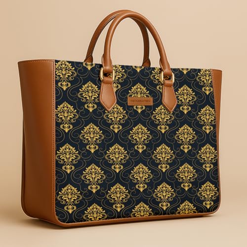 Image of The Purple Tree Handcrafted Women's Tote Bag with Vegan Leather Handles & Indian Prints, Shoulder Tote Bag and Handbag for Office and College (Pack of 1)